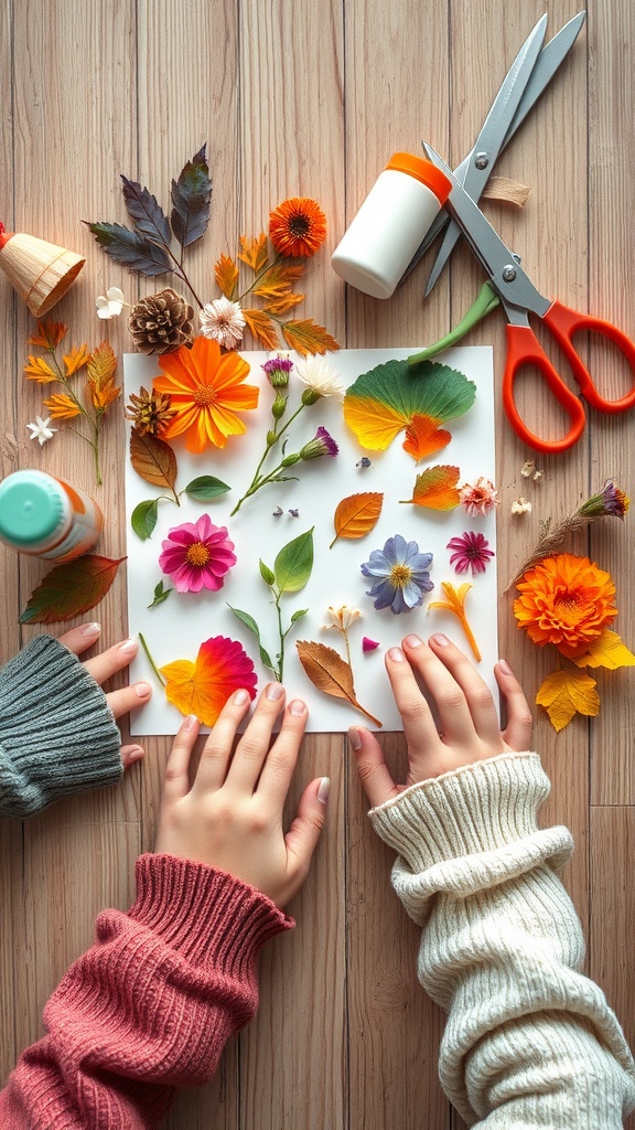 Hands arranging colorful flowers and leaves on paper for a nature collage.