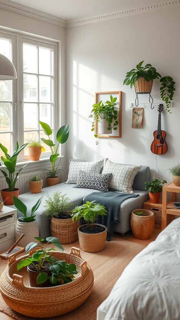 Cozy bedroom corner with indoor plants and a soft couch.