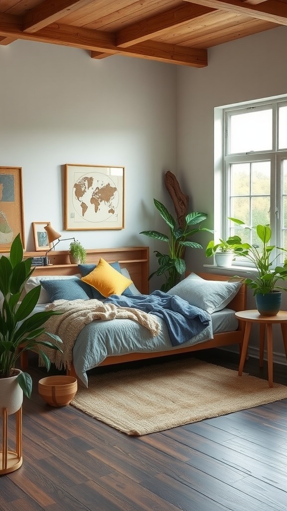 A cozy bedroom featuring a wooden bed, greenery, and natural light.