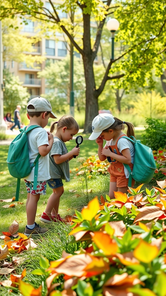 Three kids with backpacks exploring nature, looking at plants with a magnifying glass.