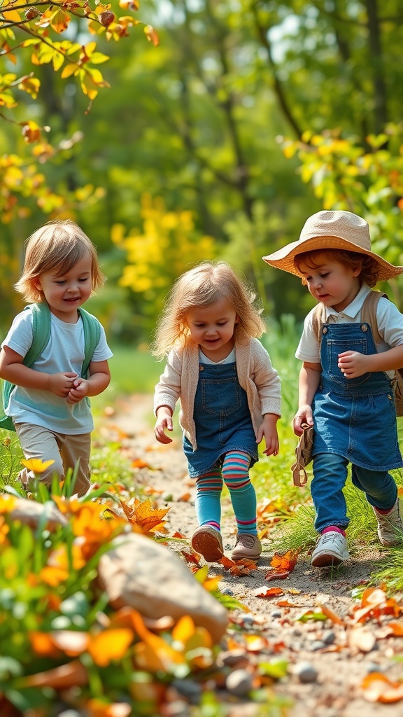 Three children walking on a path in a forest, exploring nature