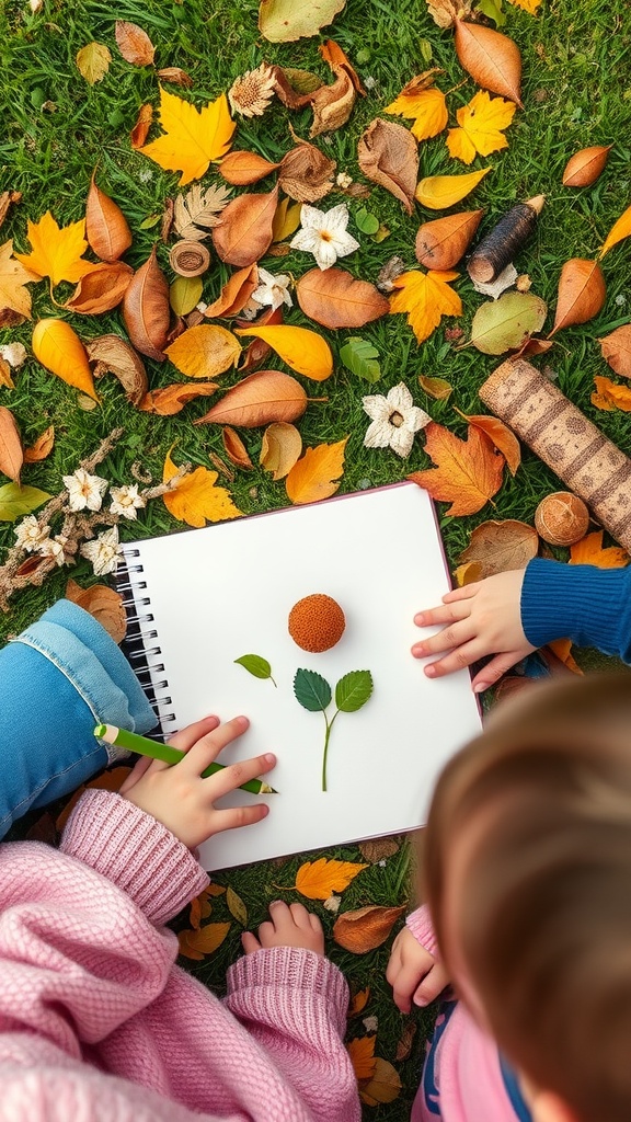 Kids journaling with leaves and flowers on grass