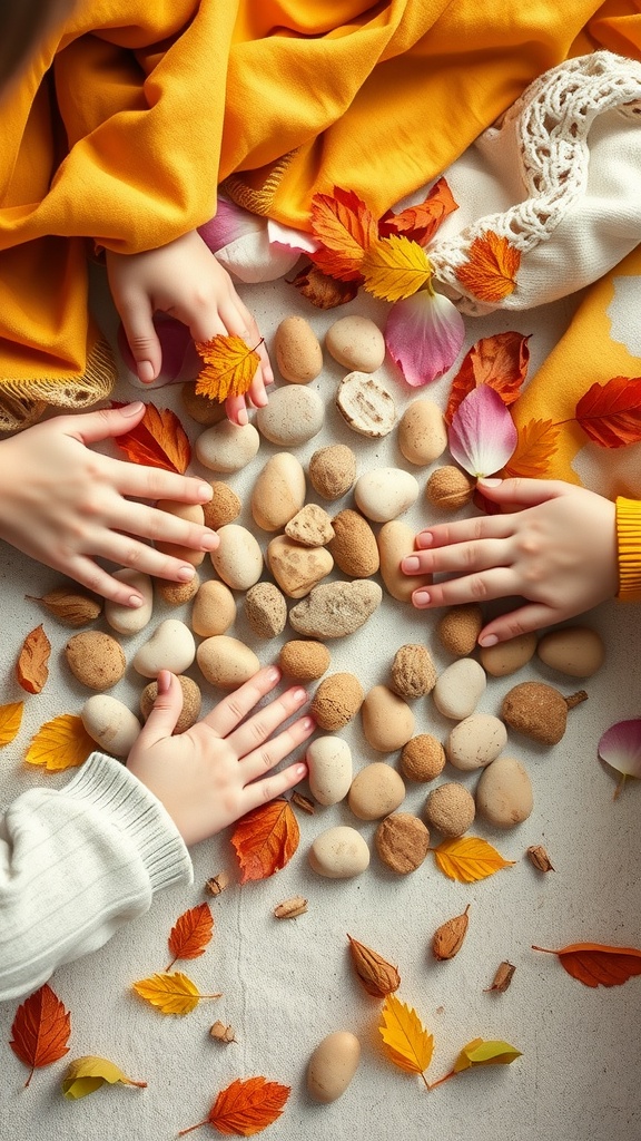 Children's hands arranging stones and leaves to create a nature mandala.