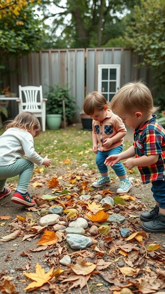 Children exploring a backyard filled with leaves and rocks.