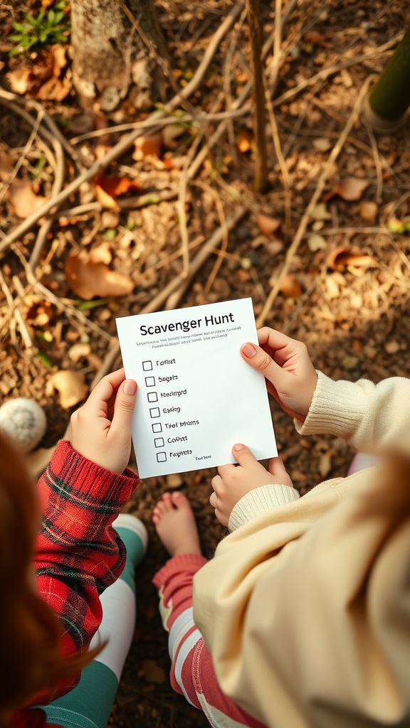 Two children holding a scavenger hunt checklist in a natural setting