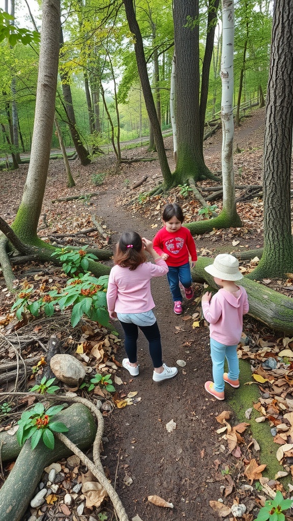Children enjoying a nature scavenger hunt in a wooded area