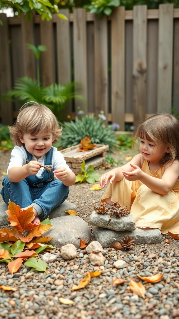 Two young children exploring a backyard, surrounded by leaves and stones while engaging in a nature scavenger hunt.
