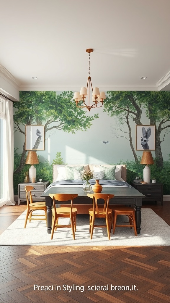 A cozy bedroom with a nature-themed mural featuring trees and wildlife.