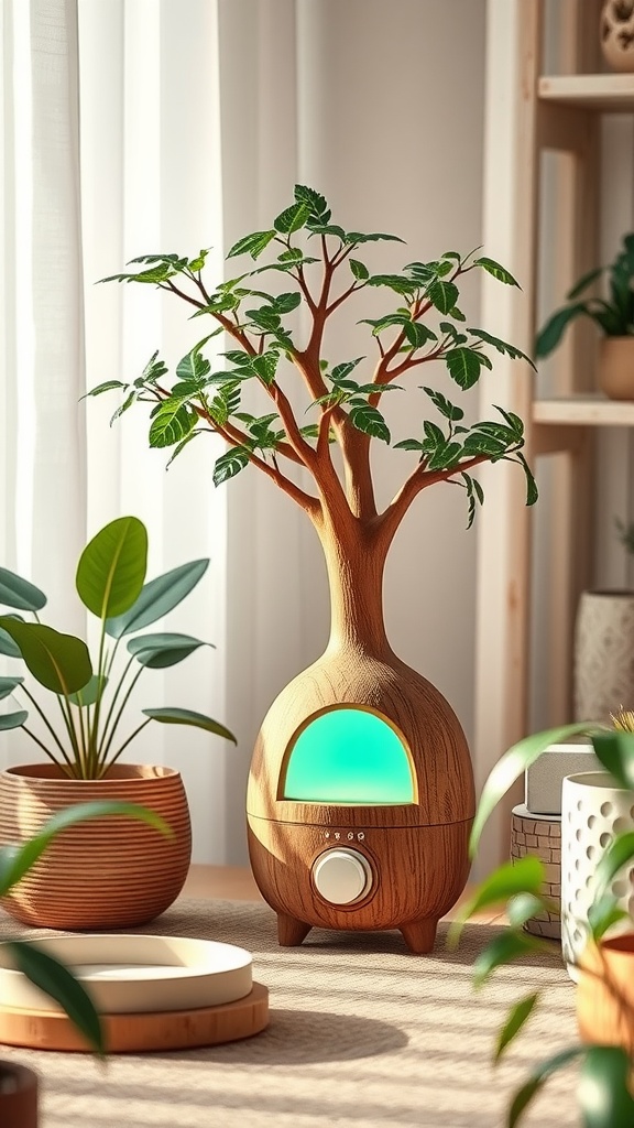 A nature sound machine shaped like a tree, glowing softly, surrounded by houseplants.