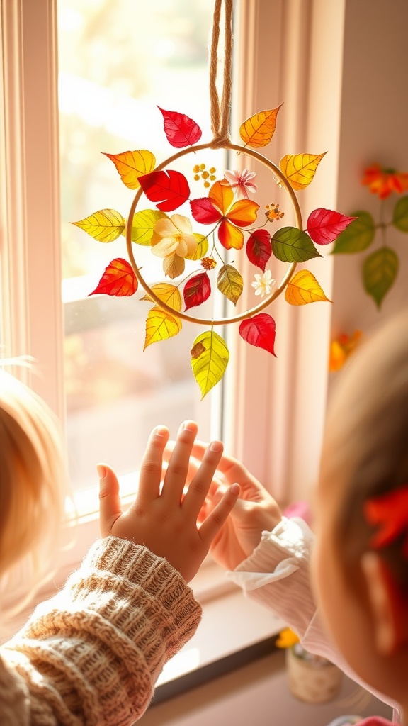 Colorful nature suncatcher made with leaves and flowers, hanging in a sunny window with children's hands reaching out to it.
