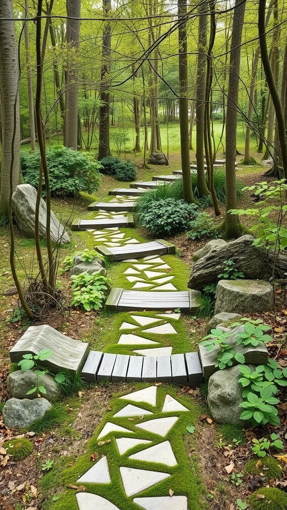 Nature trail with stepping stones and wooden bridges surrounded by trees and greenery.