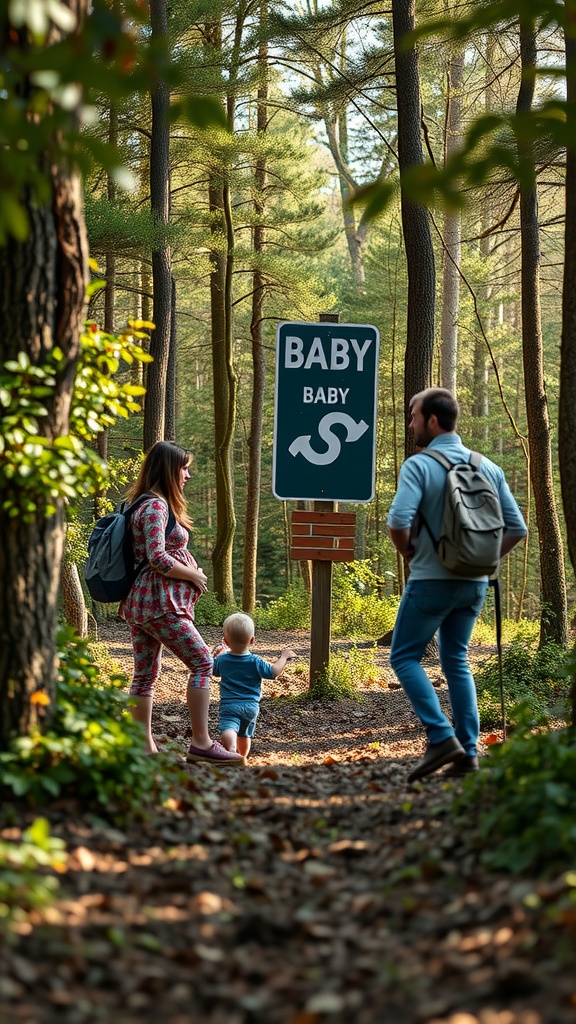 A couple and a child on a forest path with a 'BABY' sign, enjoying a gender reveal moment.