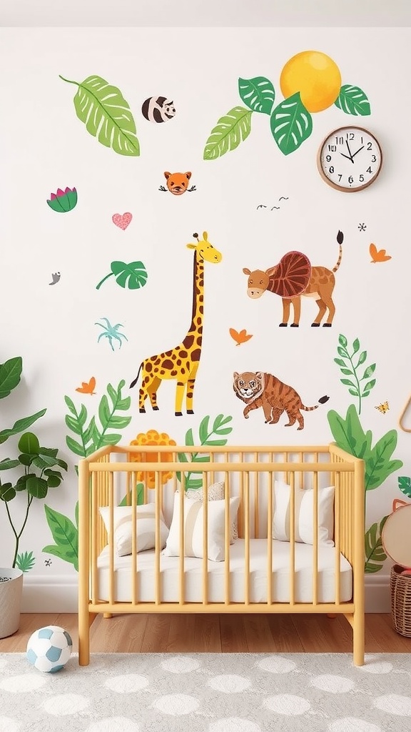 A nursery with jungle-themed wall decals featuring animals like a giraffe, tiger, and cow, surrounded by green leaves.