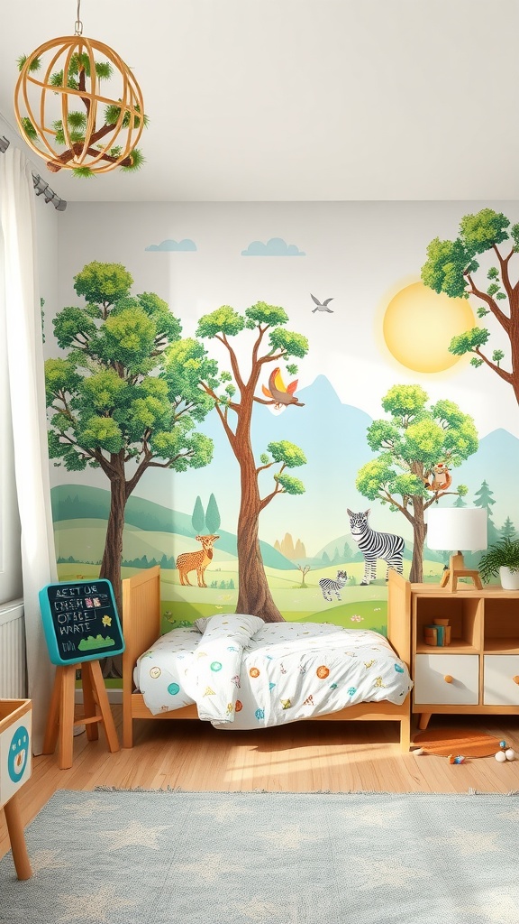 A kids bedroom featuring a nature-themed wall mural with trees, animals, and a bright sun.