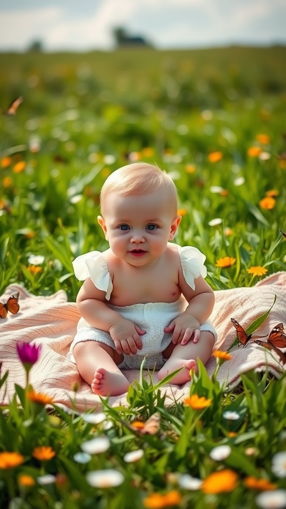 A baby sitting on a blanket in a field of flowers, surrounded by butterflies.