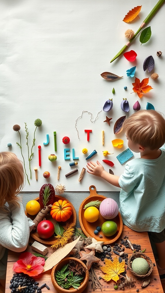 Children exploring nature's colors with collected items like leaves and fruits.