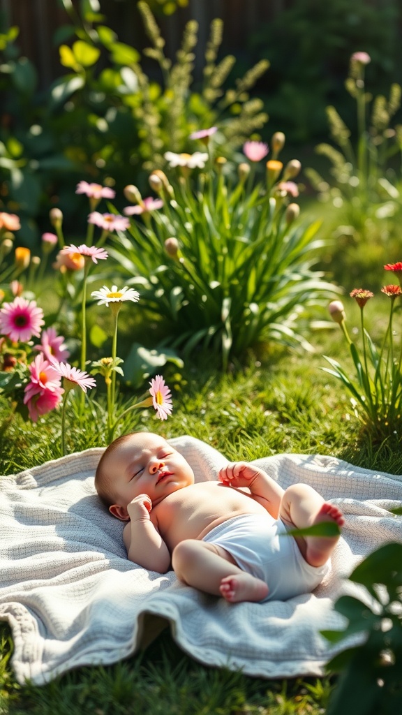 A peaceful three-month-old baby lying on a blanket surrounded by colorful flowers in a garden.