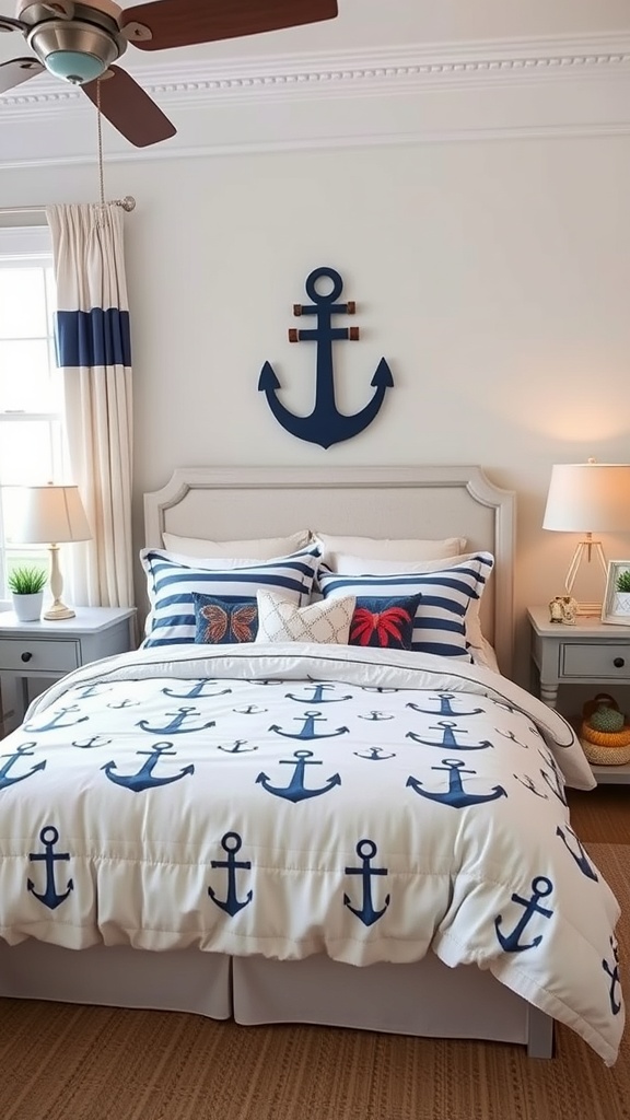 A nautical-themed bedroom featuring bedding with anchor patterns, striped pillows, and decorative nautical accents.