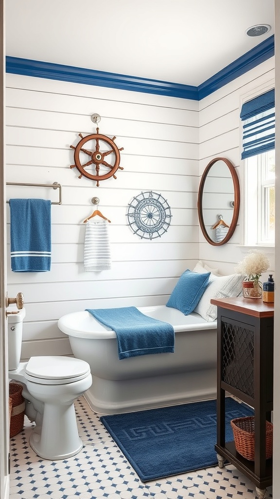 Nautical-inspired bathroom with blue accents, shiplap walls, and decorative elements like a ship's wheel.