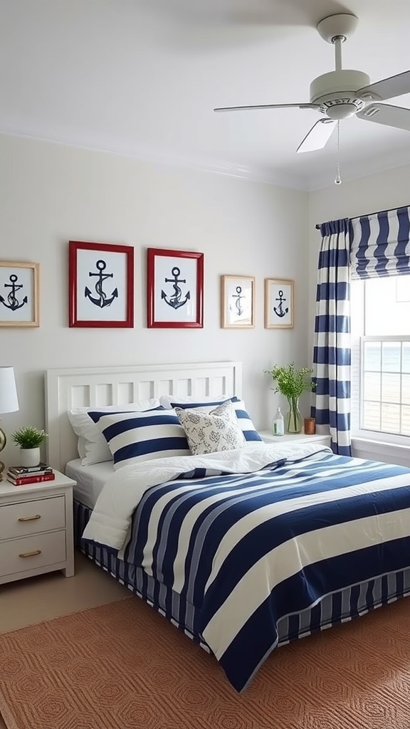 A stylish nautical-inspired bedroom featuring navy blue and white striped bedding, framed anchor prints on the wall, and striped curtains.