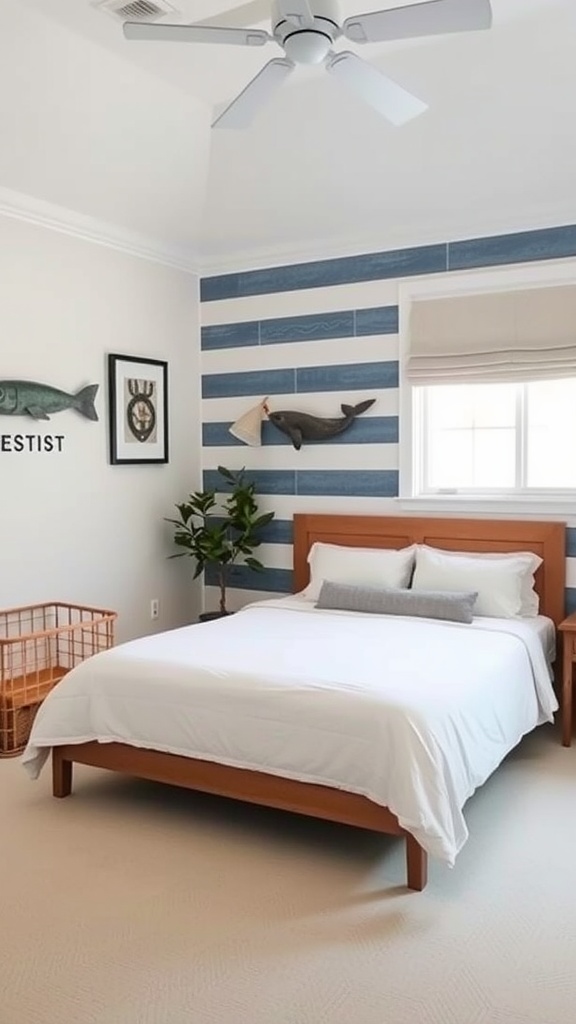 A nautical-inspired bedroom featuring blue striped accent wall, fish decor, and a wooden bed.