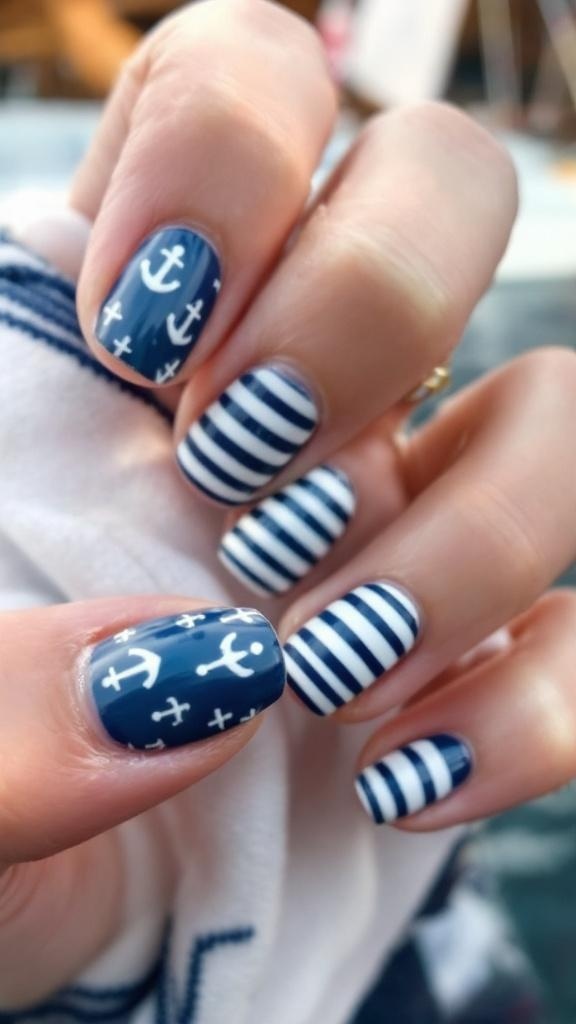 Nautical-themed nail art featuring navy blue and white designs with anchors and stripes.