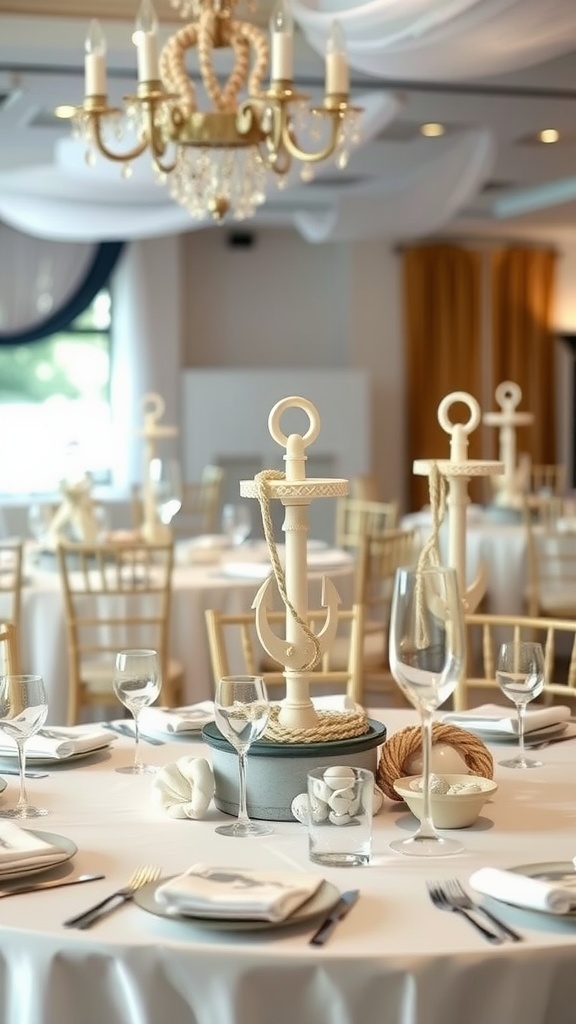 Elegant nautical-themed centerpieces featuring an anchor, rope, and seashells on a beautifully set table.