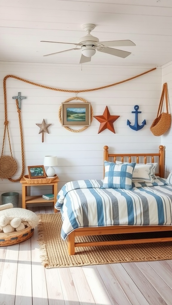 Nautical themed bedroom with blue and white striped bedding, wooden furniture, and seaside decor.