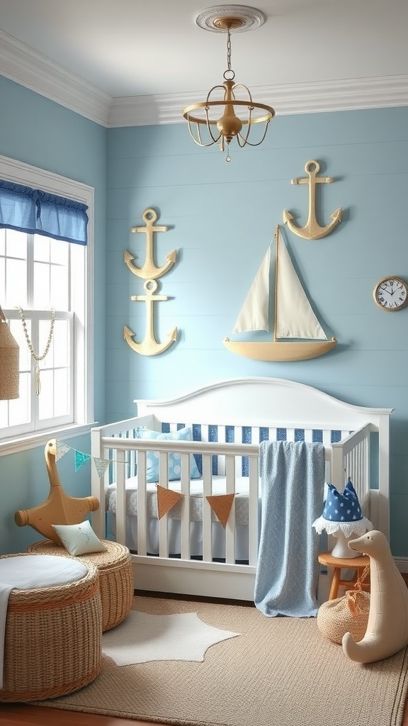 A cozy nautical-themed nursery for a baby boy featuring a crib, sailboat decor, and anchors on pastel blue walls.