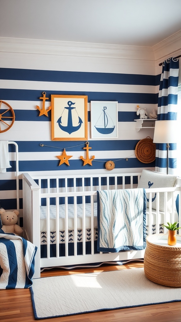 A nautical themed nursery featuring navy and white striped walls, nautical decor, and a cozy crib.