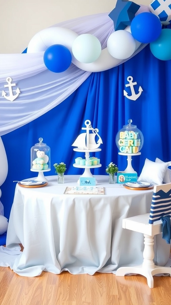 Nautical-themed baby shower decorations with blue and white colors, featuring anchors and a sailboat.