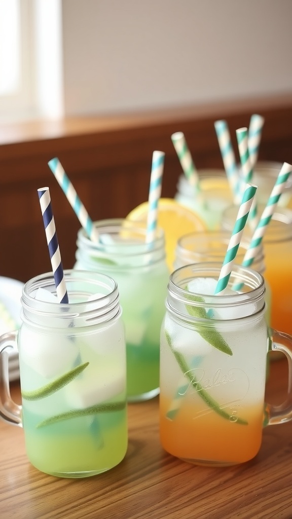 Colorful nautical themed drinks in mason jars with striped straws