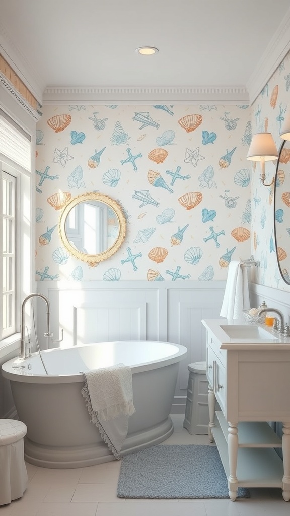 A bathroom with nautical-themed wallpaper featuring seashells and starfish, a freestanding tub, and a round mirror.