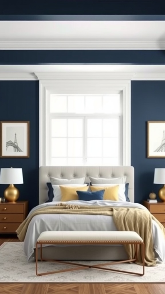 A stylish navy blue bedroom with gold accents, featuring a cozy bed and decorative elements.