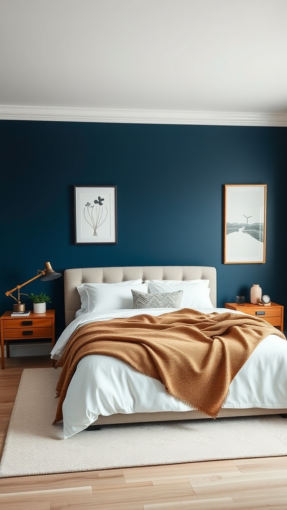 A cozy bedroom featuring a navy blue accent wall, light bedding, and warm wooden furniture.