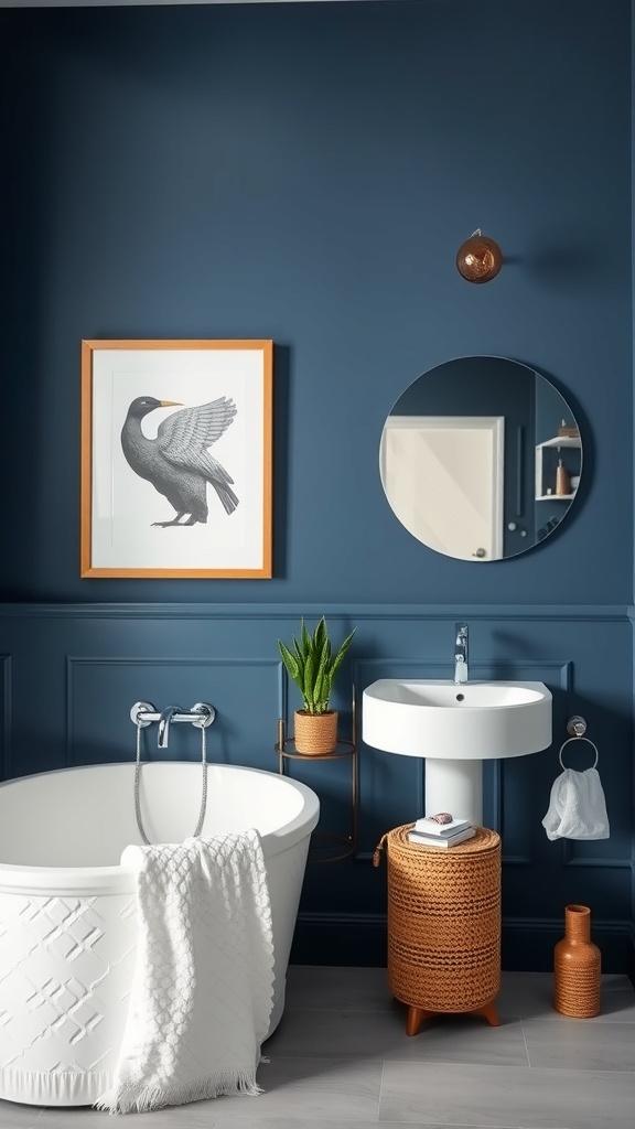A stylish bathroom featuring navy blue accent walls, a white bathtub, and modern fixtures.