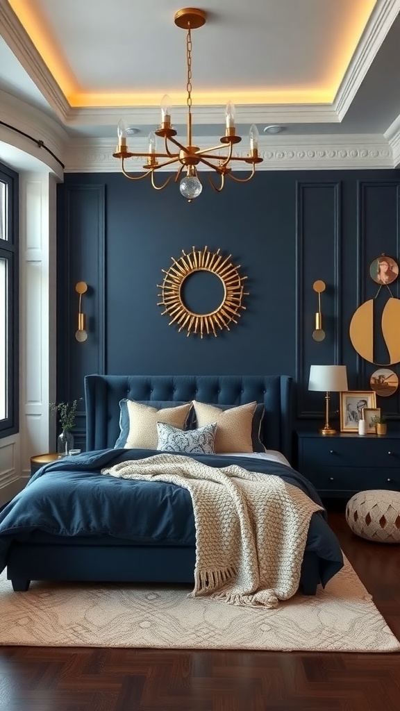A navy blue bedroom featuring gold accents, including a chandelier and decorative mirror.