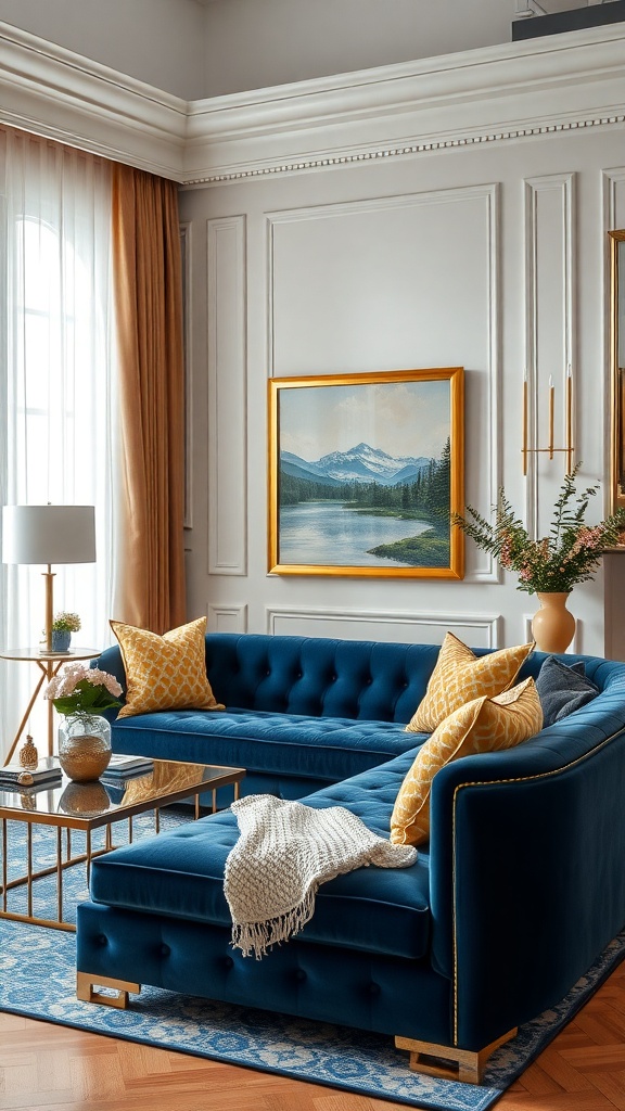 A stylish living room featuring a navy blue sofa with gold accents, decorative pillows, and a beautiful landscape painting on the wall.
