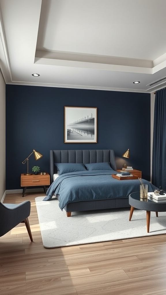 A modern bedroom featuring navy blue walls, gray bedding, and wooden furniture.