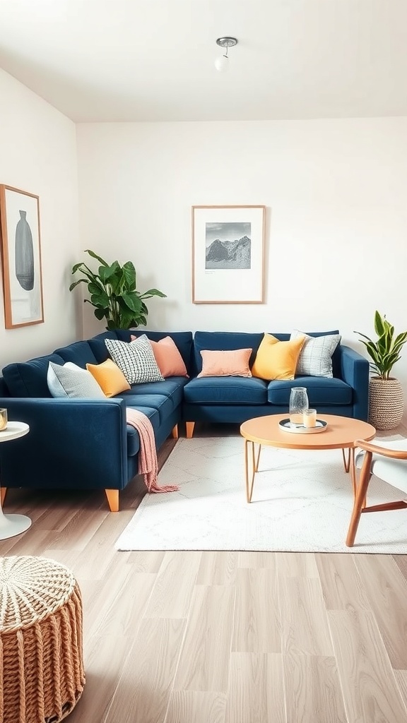 A cozy living room featuring a navy blue sectional sofa with pastel cushions, a light wooden coffee table, and a woven pouf.