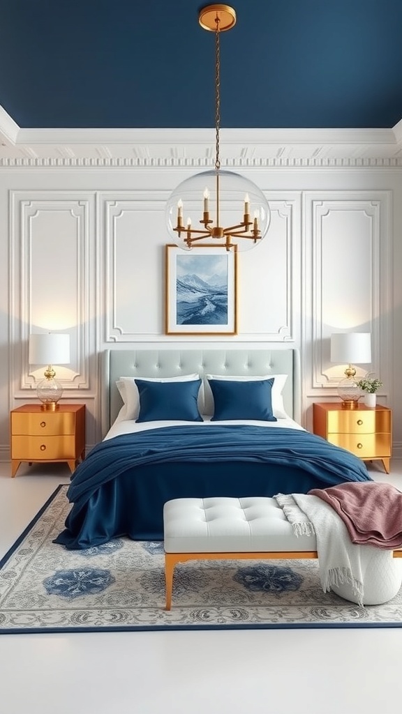 A stylish bedroom featuring a navy blue ceiling, white walls, and gold accents, showcasing a navy and white color scheme.
