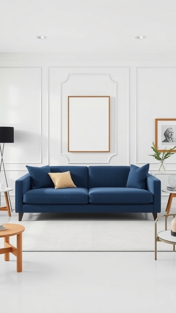 A modern living room featuring a navy blue sofa, white walls, and wooden furniture.
