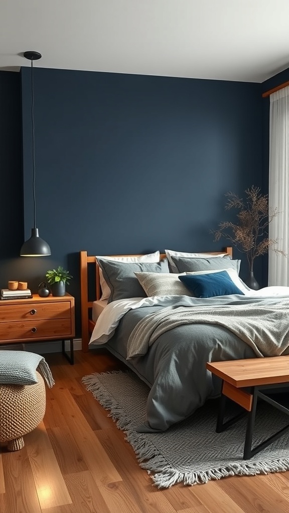 A cozy navy blue bedroom featuring wooden furniture, layered bedding, and a textured rug.