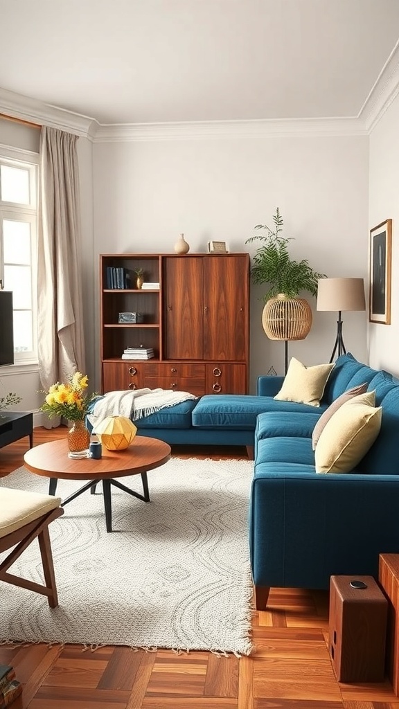 A cozy living room featuring a navy blue sofa, wooden furniture, and decorative elements.