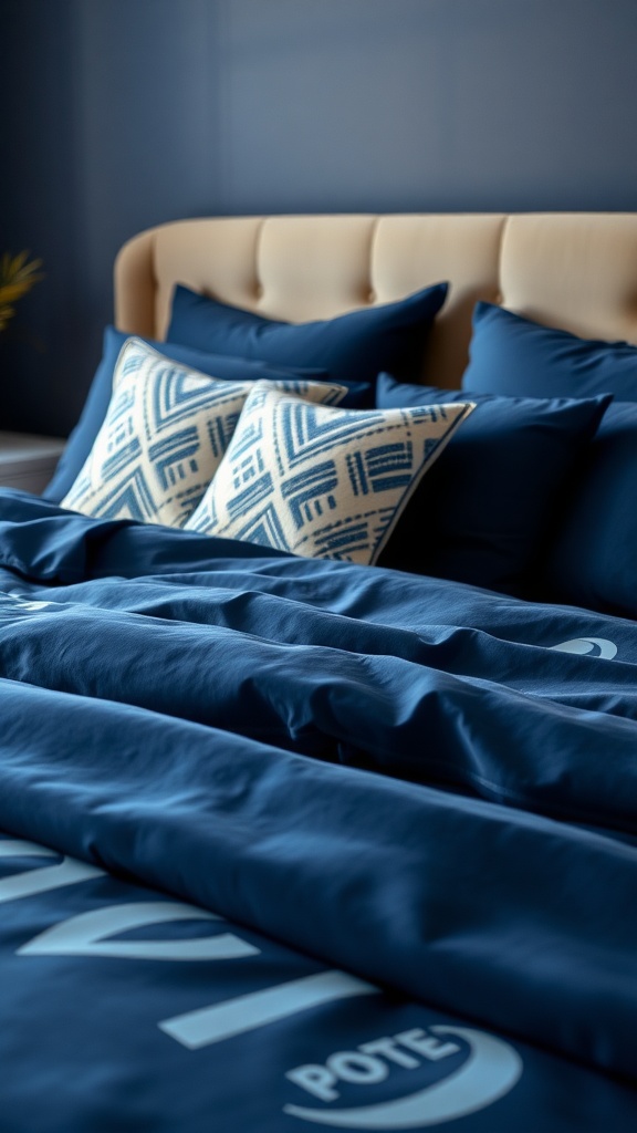 A cozy navy blue bedding setup with decorative pillows on a bed