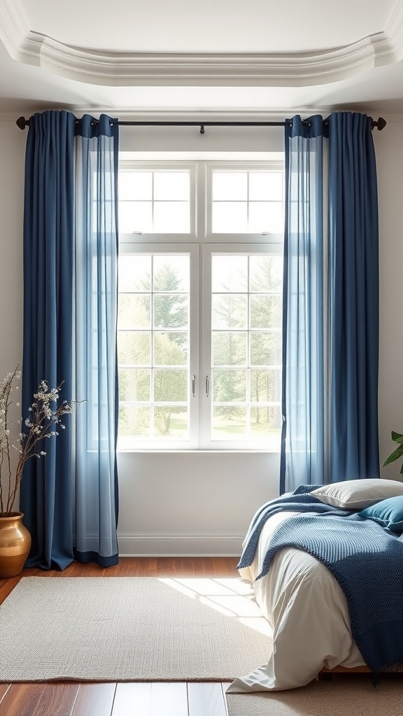 A bright bedroom featuring navy blue curtains, a cozy bed, and natural light streaming through the window.