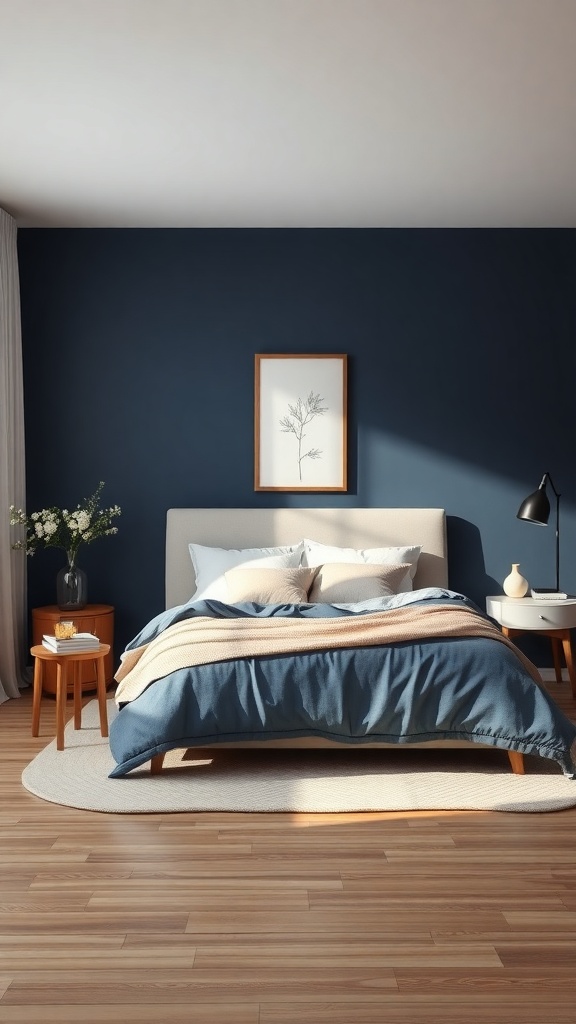 A cozy navy blue bedroom featuring a comfortable bed with soft bedding, wooden furniture, and natural decor.