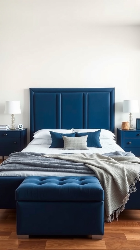 A navy blue bedroom featuring a plush bed with a navy headboard, matching nightstands, and a cozy blanket.