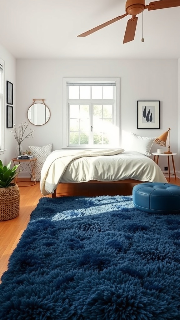 A cozy bedroom featuring a plush navy blue rug, light wooden flooring, and soft white bedding.