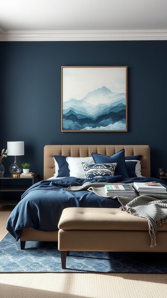 A cozy navy blue bedroom featuring a mountain landscape painting on the wall, a beige bed with navy bedding, and a stylish decor.